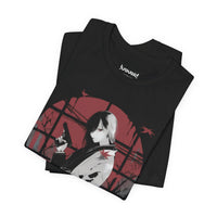 Crimson Silence Yakuza Bloom anime T-shirt featuring girl in kimono with handgun, red backdrop and maple leaves