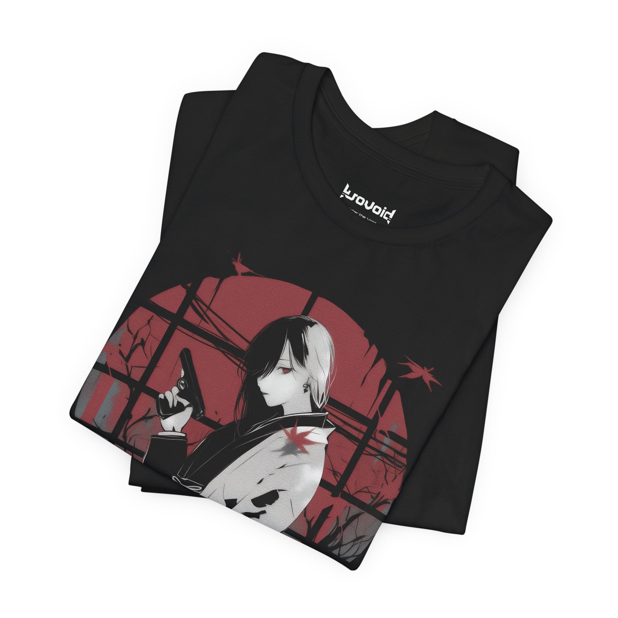 Crimson Silence Yakuza Bloom anime T-shirt featuring girl in kimono with handgun, red backdrop and maple leaves