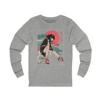Neon Oni Street Spirit anime long sleeve shirt featuring horned girl in sneakers, neon sun, and dragon smoke artwork